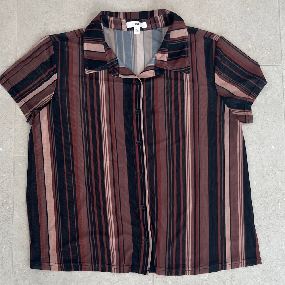 BP Women's Button Down Shirt - Black and Brown Stripes